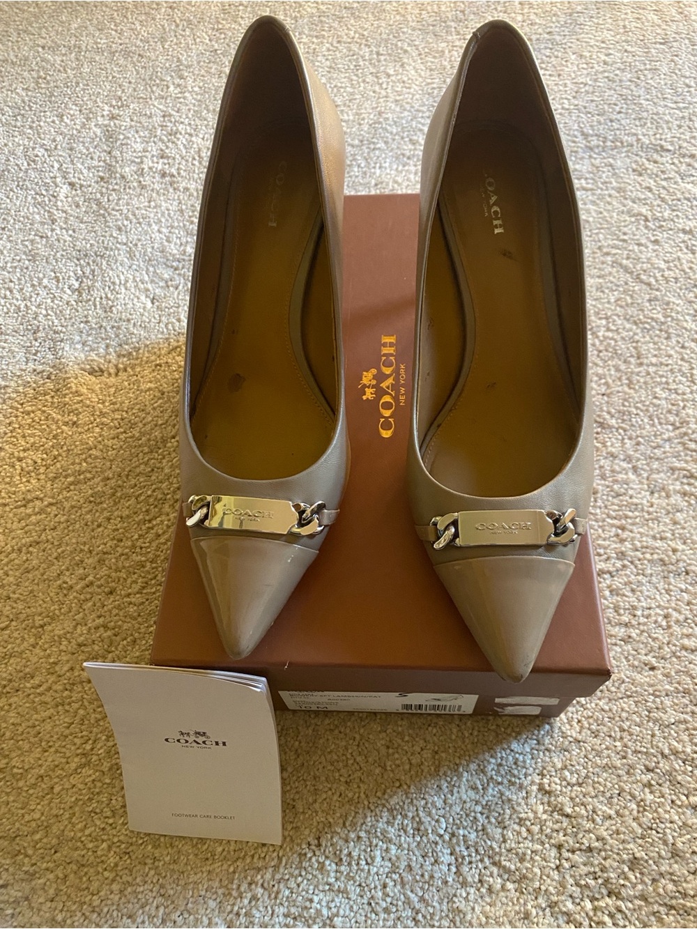 Coach Taupe Pointed Leather Pumps with Silver Accent - Size 10